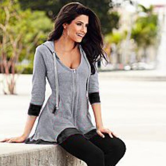 Heather Grey Black Trim Trapeze Skirted Hoodie Hooded Zip Sweatshirt Jacket - Picture 2 of 7
